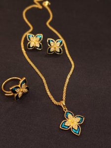 Blue Mina Stone Flower Pendant (With Earring And Fingering)  (Combo Set)