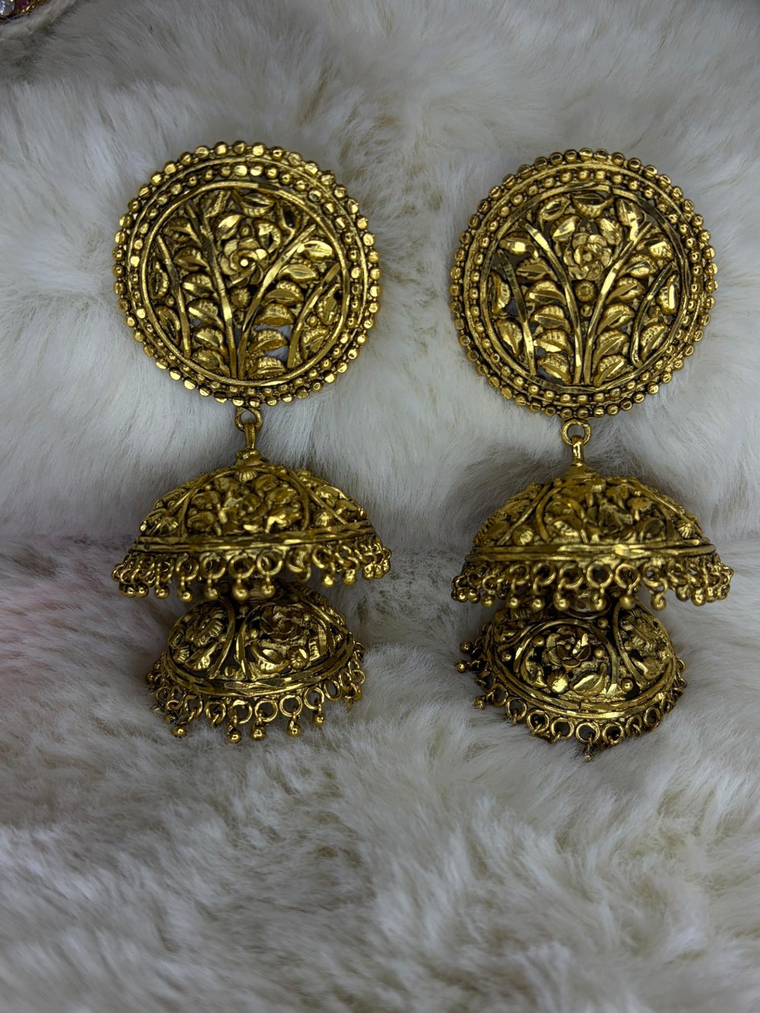 Rajdarbar Double Jhumka with Gold Ball ( Antique polish)