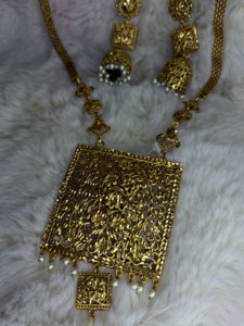 Flower jaal square pendant with chain belt set ( Antique polish)